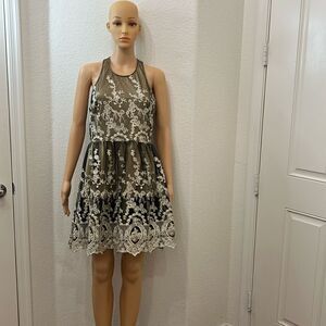 Alter’d State Dress Sz Medium Halter Black Gold Appliqué Lace Mini Netting Lined